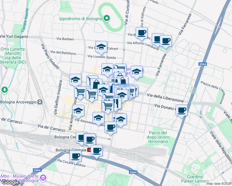 map of restaurants, bars, coffee shops, grocery stores, and more near 1 Via Pellegrino Tibaldi in Bologna