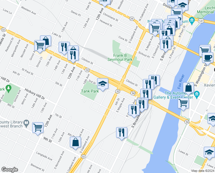 map of restaurants, bars, coffee shops, grocery stores, and more near 714 South Oakland Avenue in Green Bay
