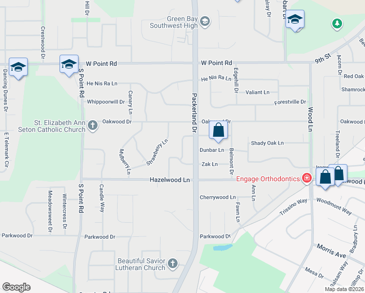 map of restaurants, bars, coffee shops, grocery stores, and more near 2630 Zac Lane in Green Bay