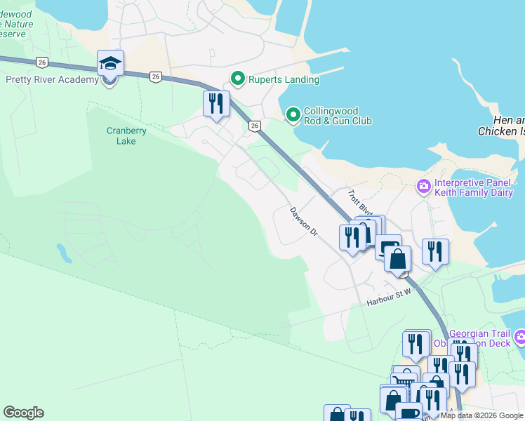 map of restaurants, bars, coffee shops, grocery stores, and more near 571 Oxbow Crescent in Collingwood