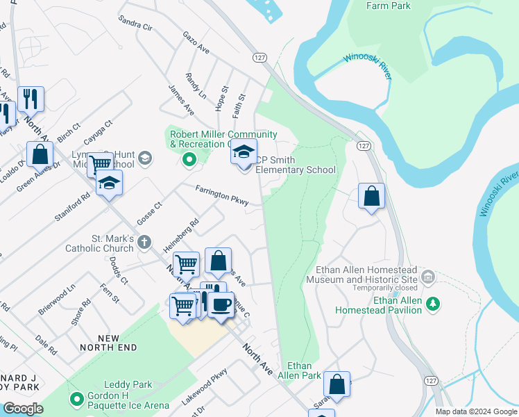 map of restaurants, bars, coffee shops, grocery stores, and more near 266 Ethan Allen Parkway in Burlington