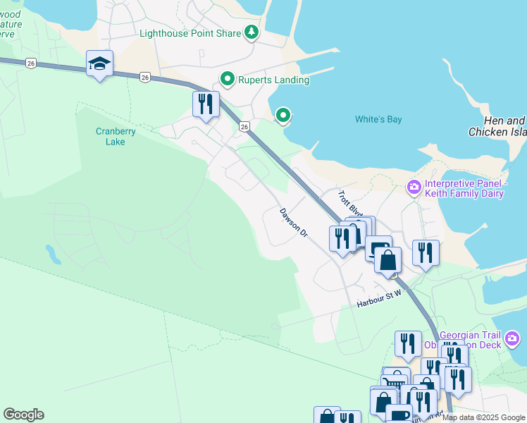 map of restaurants, bars, coffee shops, grocery stores, and more near 587 Oxbow Crescent in Collingwood
