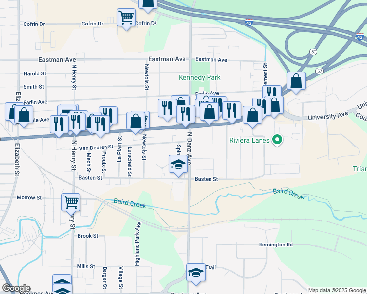 map of restaurants, bars, coffee shops, grocery stores, and more near 545 Spinnaker Lane in Green Bay