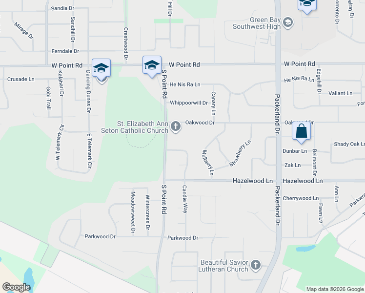 map of restaurants, bars, coffee shops, grocery stores, and more near 2787 Candle Lane in Green Bay