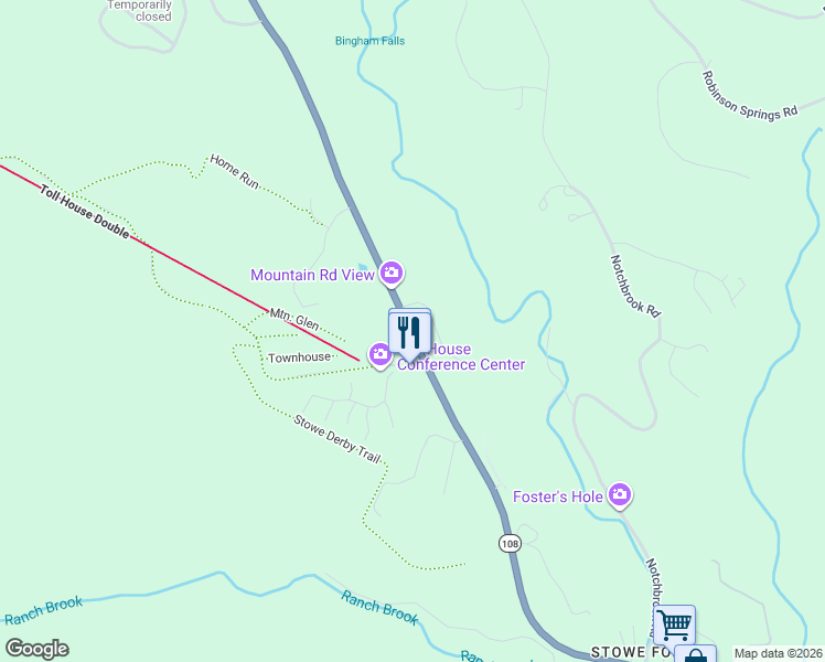 map of restaurants, bars, coffee shops, grocery stores, and more near 6164 Mountain Road in Stowe