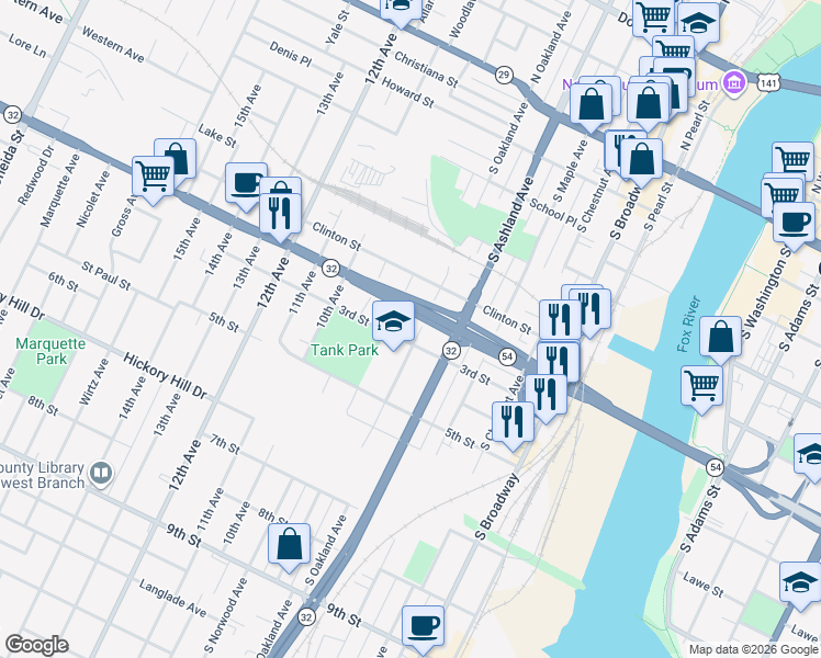 map of restaurants, bars, coffee shops, grocery stores, and more near 712 South Oakland Avenue in Green Bay