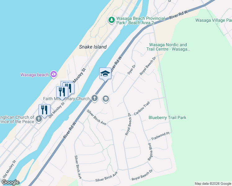 map of restaurants, bars, coffee shops, grocery stores, and more near 121 Dyer Drive in Wasaga Beach