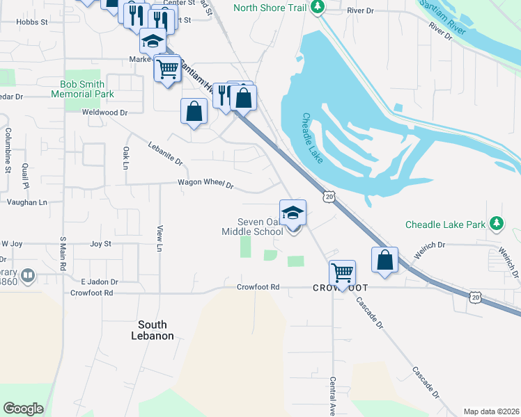map of restaurants, bars, coffee shops, grocery stores, and more near 500 Pearson Street in Lebanon