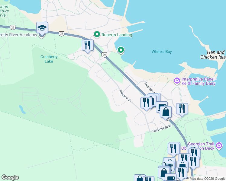 map of restaurants, bars, coffee shops, grocery stores, and more near 549 Oxbow Crescent in Collingwood