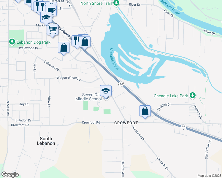 map of restaurants, bars, coffee shops, grocery stores, and more near 457 Cascade Drive in Lebanon