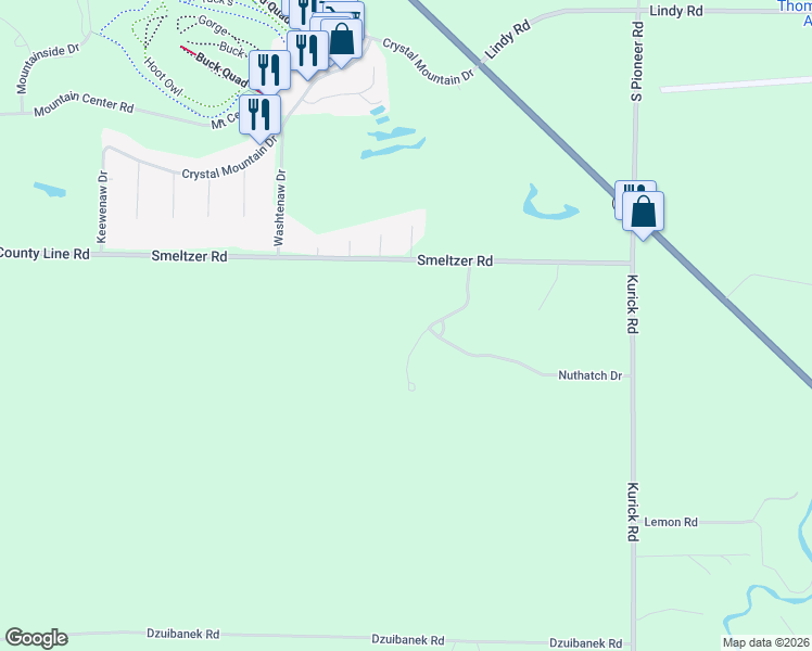 map of restaurants, bars, coffee shops, grocery stores, and more near 18844 Meadowlark Road in Thompsonville