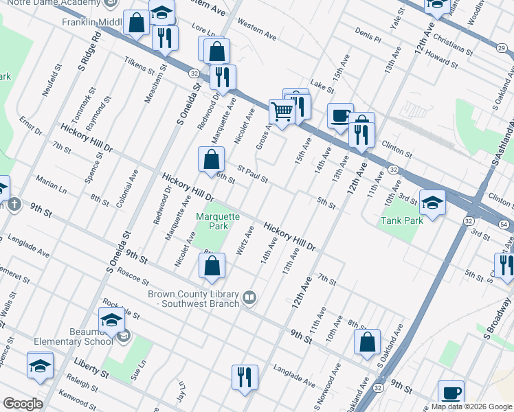 map of restaurants, bars, coffee shops, grocery stores, and more near 1016 Wirtz Avenue in Green Bay