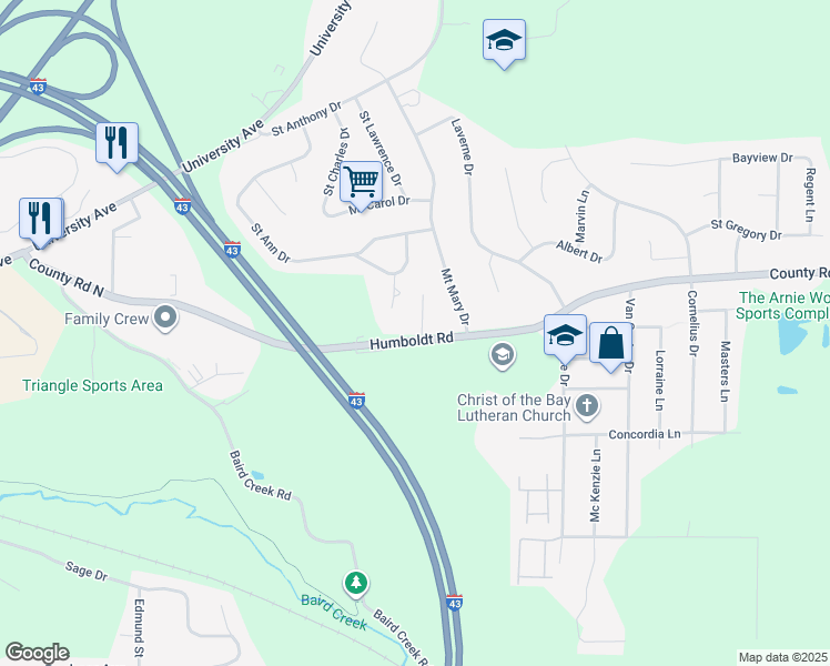 map of restaurants, bars, coffee shops, grocery stores, and more near 2884 Humboldt Road in Green Bay