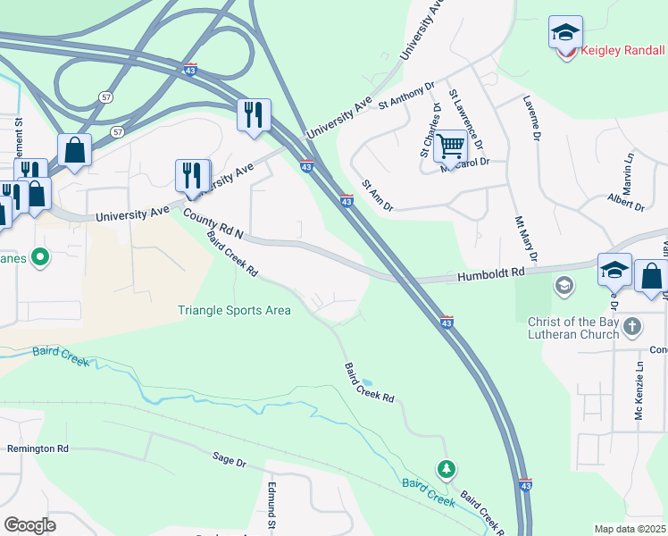 map of restaurants, bars, coffee shops, grocery stores, and more near 526 Baird Creek Road in Green Bay