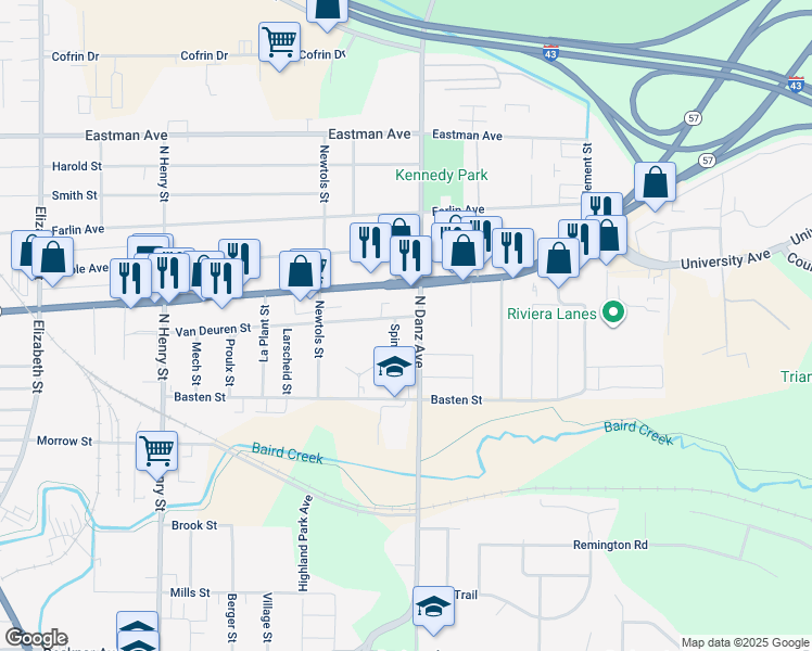 map of restaurants, bars, coffee shops, grocery stores, and more near 545 Spinnaker Lane in Green Bay