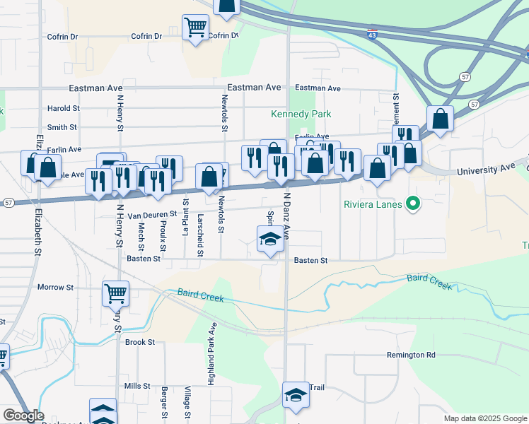 map of restaurants, bars, coffee shops, grocery stores, and more near 545 Spinnaker Lane in Green Bay