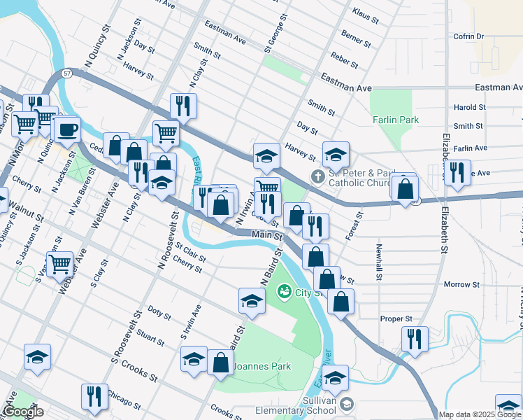 map of restaurants, bars, coffee shops, grocery stores, and more near 1335 Main Street in Green Bay