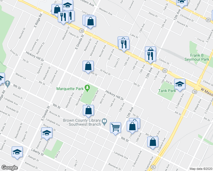 map of restaurants, bars, coffee shops, grocery stores, and more near 1004 Hickory Hill Drive in Green Bay
