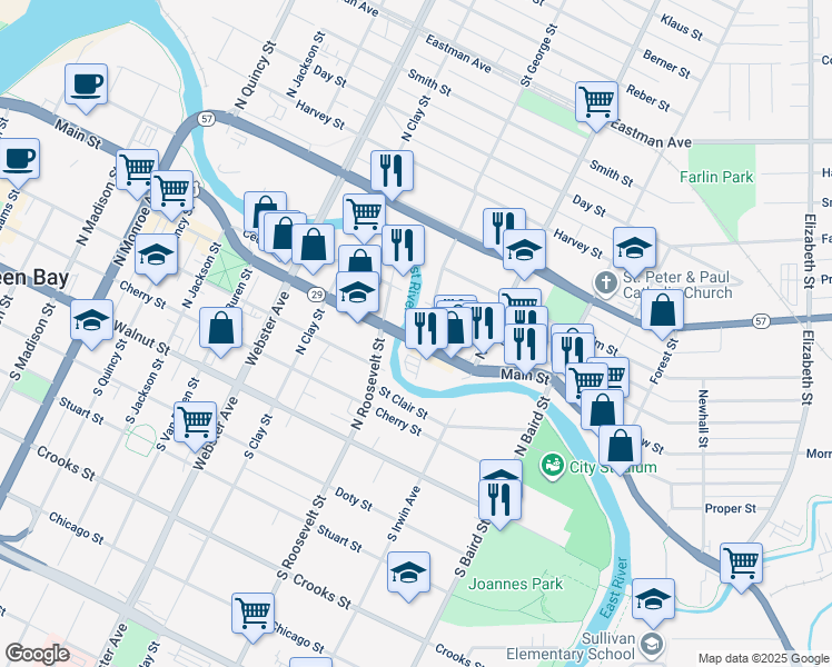 map of restaurants, bars, coffee shops, grocery stores, and more near 1258 Main Street in Green Bay