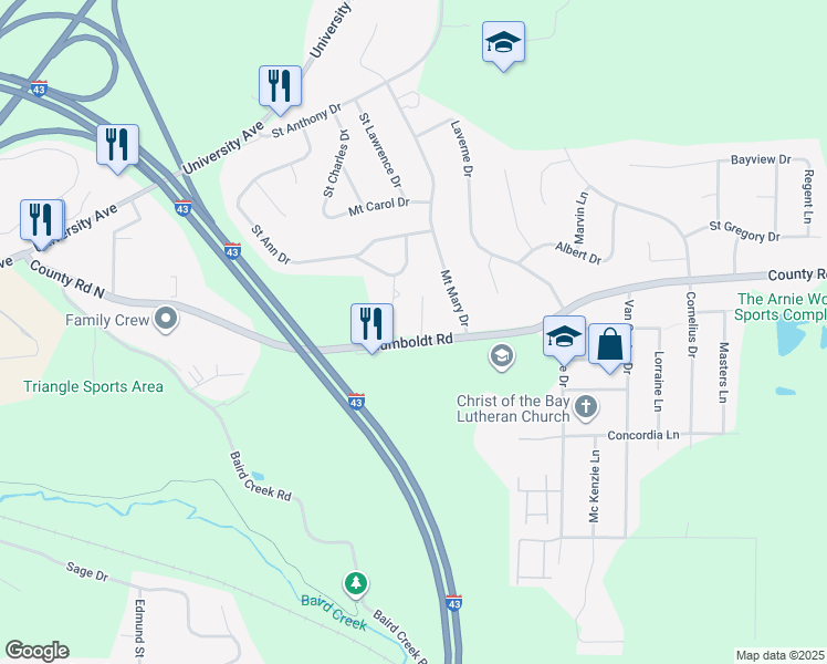 map of restaurants, bars, coffee shops, grocery stores, and more near 2884 Humboldt Road in Green Bay