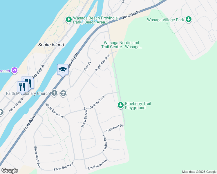map of restaurants, bars, coffee shops, grocery stores, and more near 6 Deerrun Place in Wasaga Beach