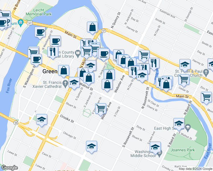 map of restaurants, bars, coffee shops, grocery stores, and more near 898 Cherry Street in Green Bay