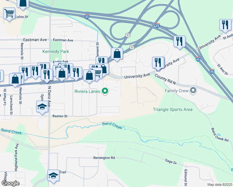 map of restaurants, bars, coffee shops, grocery stores, and more near 589 Rothe Street in Green Bay