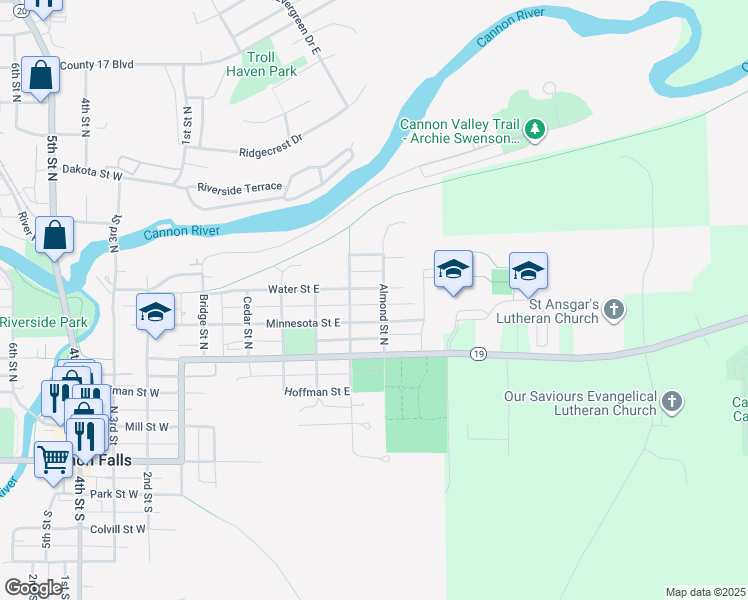 map of restaurants, bars, coffee shops, grocery stores, and more near 600 Water Street East in Cannon Falls