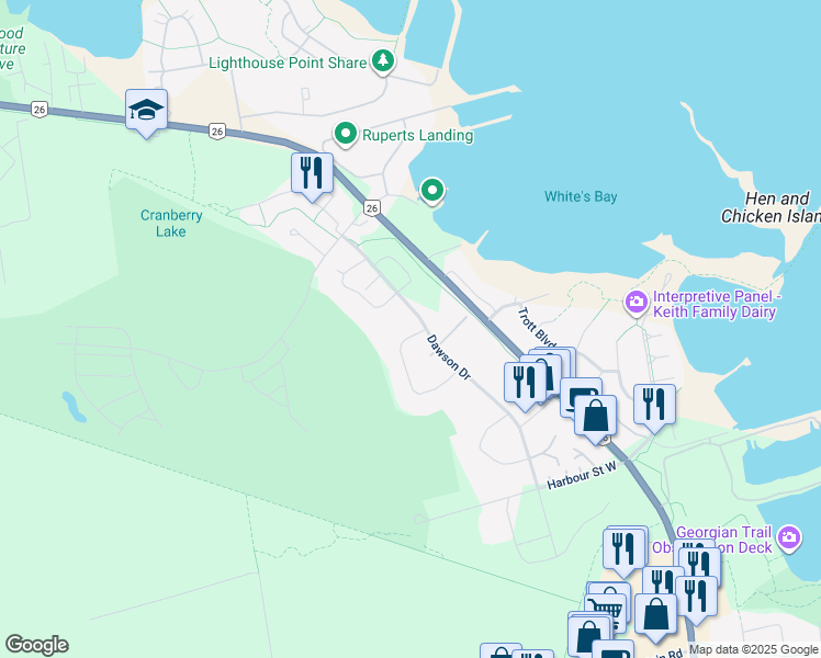 map of restaurants, bars, coffee shops, grocery stores, and more near 587 Oxbow Crescent in Collingwood