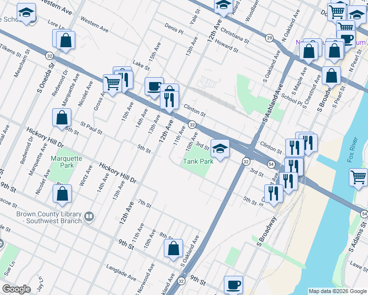 map of restaurants, bars, coffee shops, grocery stores, and more near 883 3rd Street in Green Bay