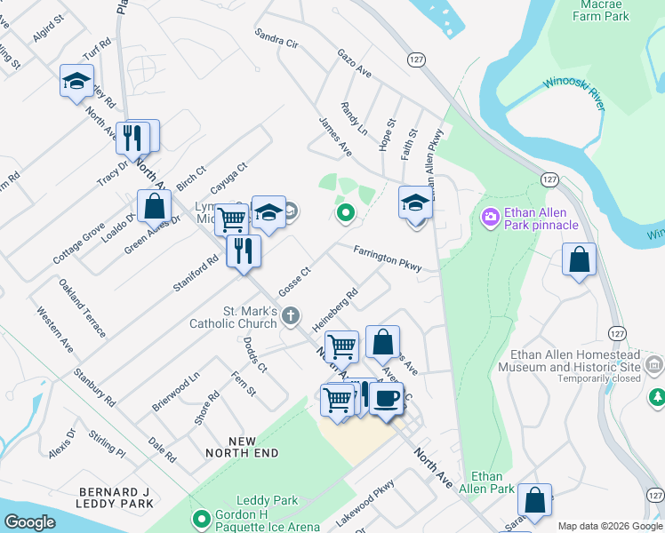 map of restaurants, bars, coffee shops, grocery stores, and more near 15 Farrington Parkway in Burlington