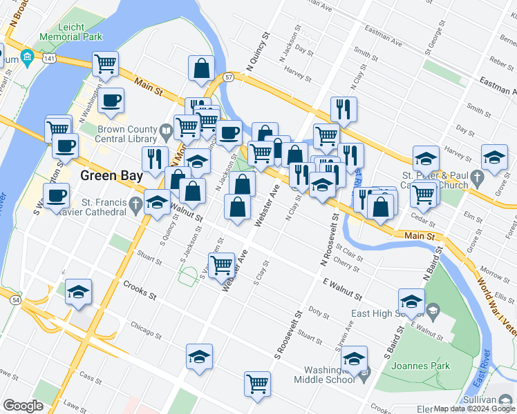 map of restaurants, bars, coffee shops, grocery stores, and more near 309 North Webster Avenue in Green Bay