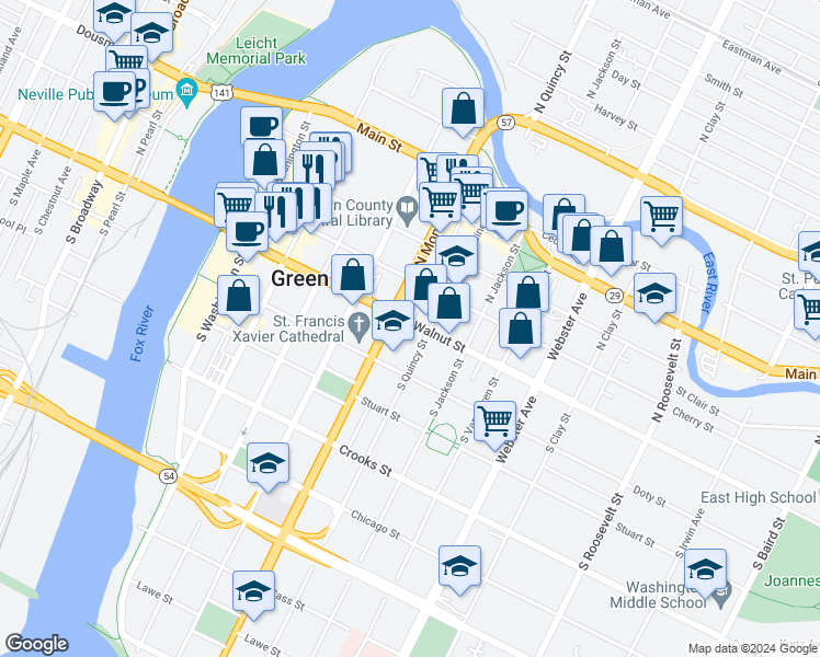 map of restaurants, bars, coffee shops, grocery stores, and more near 621 East Walnut Street in Green Bay