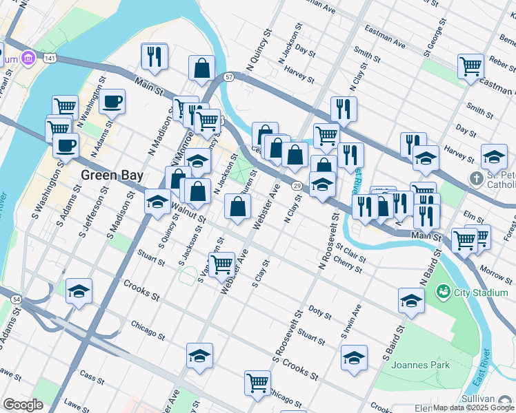 map of restaurants, bars, coffee shops, grocery stores, and more near 309 North Webster Avenue in Green Bay