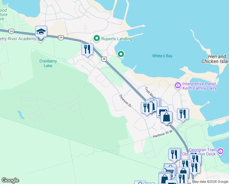 map of restaurants, bars, coffee shops, grocery stores, and more near 587 Oxbow Crescent in Collingwood