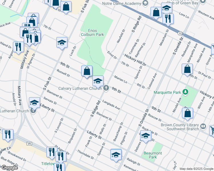 map of restaurants, bars, coffee shops, grocery stores, and more near 1299 9th Street in Green Bay