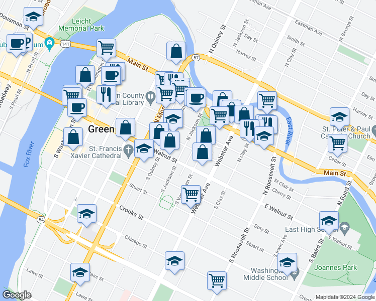 map of restaurants, bars, coffee shops, grocery stores, and more near 803 Cherry Street in Green Bay