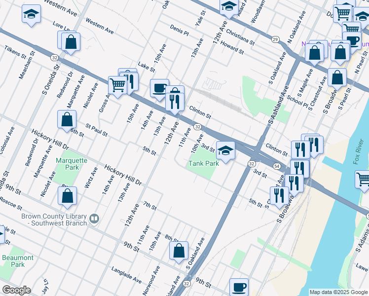 map of restaurants, bars, coffee shops, grocery stores, and more near 883 3rd Street in Green Bay