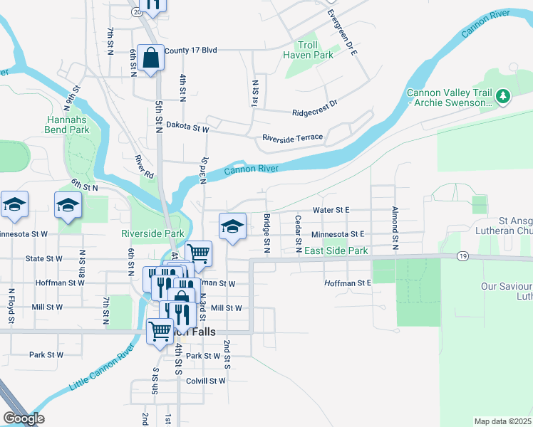 map of restaurants, bars, coffee shops, grocery stores, and more near 201 Water Street East in Cannon Falls