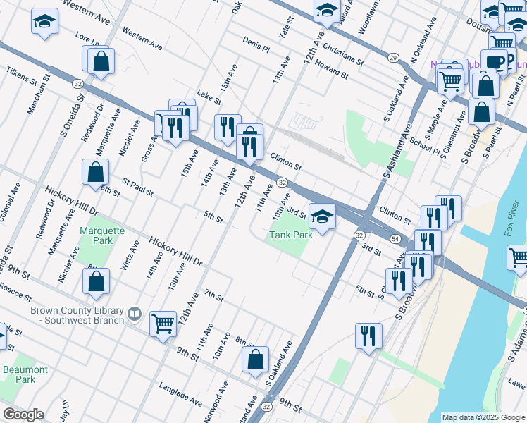 map of restaurants, bars, coffee shops, grocery stores, and more near 883 3rd Street in Green Bay