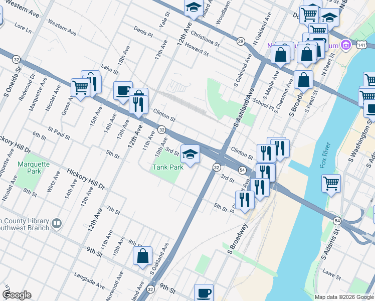map of restaurants, bars, coffee shops, grocery stores, and more near 710 South Greenwood Avenue in Green Bay