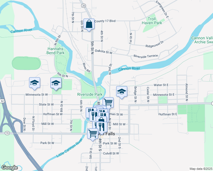 map of restaurants, bars, coffee shops, grocery stores, and more near 520 North 3rd Street in Cannon Falls