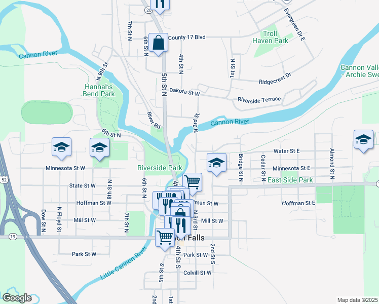 map of restaurants, bars, coffee shops, grocery stores, and more near 520 North 3rd Street in Cannon Falls