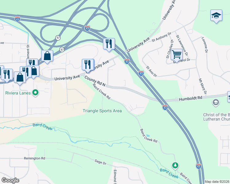 map of restaurants, bars, coffee shops, grocery stores, and more near 2673 Humboldt Road in Green Bay