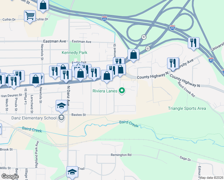 map of restaurants, bars, coffee shops, grocery stores, and more near 2428 Van Deuren Street in Green Bay