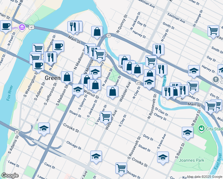 map of restaurants, bars, coffee shops, grocery stores, and more near 205 North Van Buren Street in Green Bay