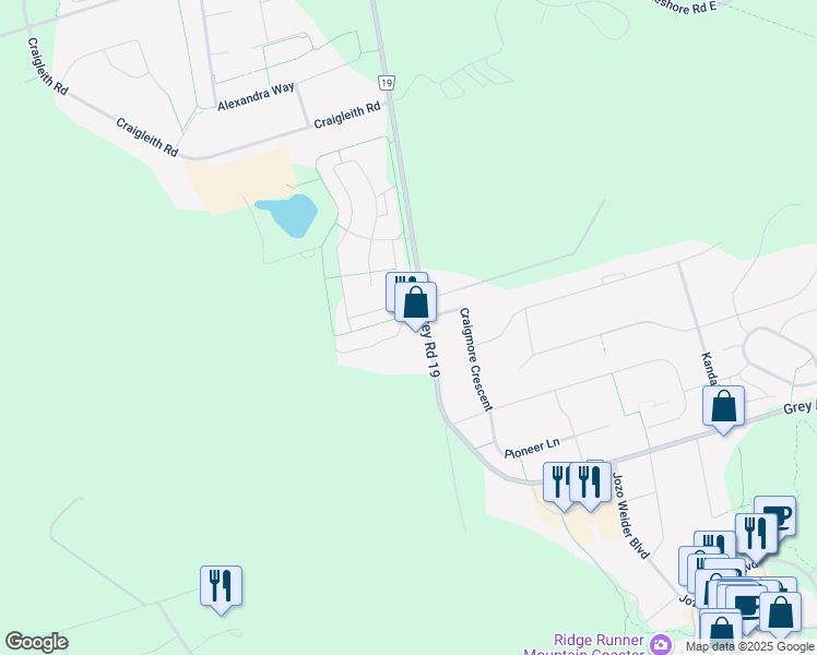 map of restaurants, bars, coffee shops, grocery stores, and more near 796468 Grey County Road 19 in Blue Mountains