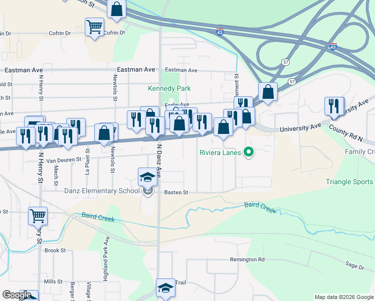 map of restaurants, bars, coffee shops, grocery stores, and more near 625 Alrose Street in Green Bay
