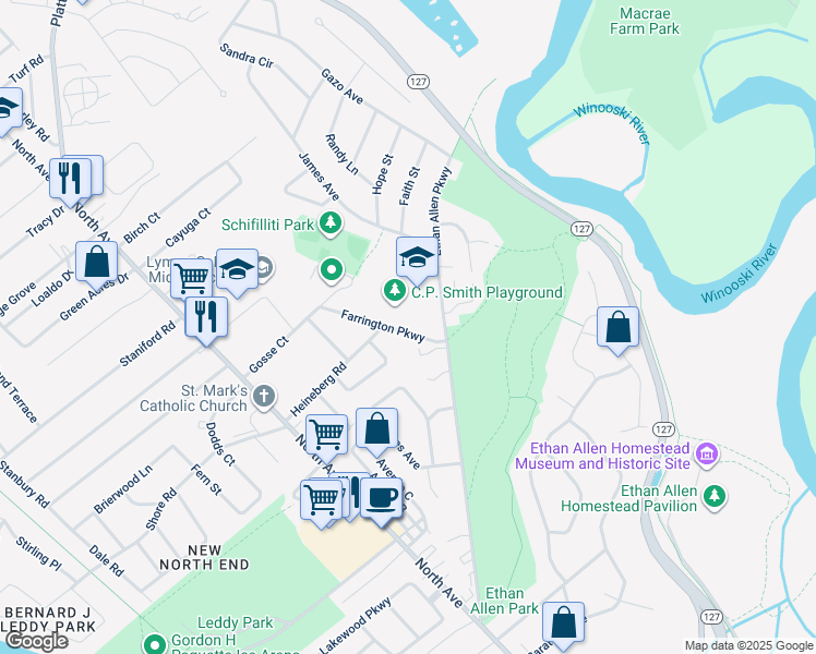 map of restaurants, bars, coffee shops, grocery stores, and more near 92 Farrington Parkway in Burlington