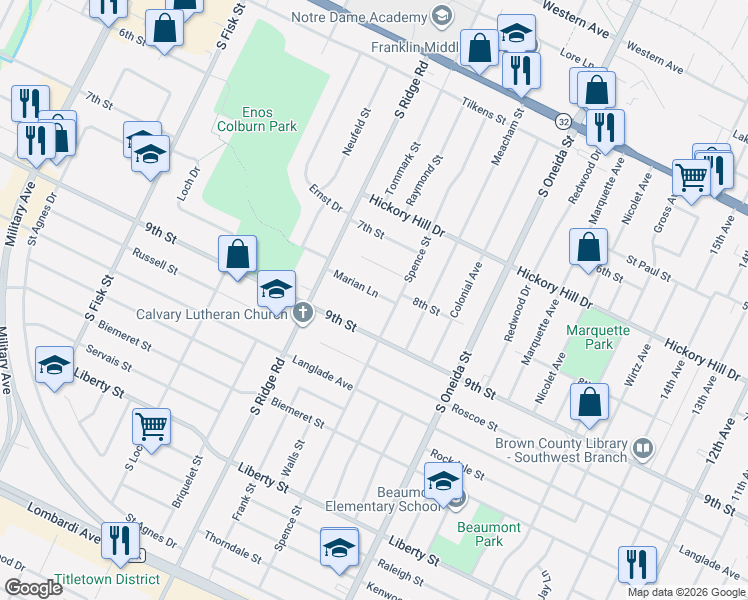 map of restaurants, bars, coffee shops, grocery stores, and more near 1244 Marian Lane in Green Bay